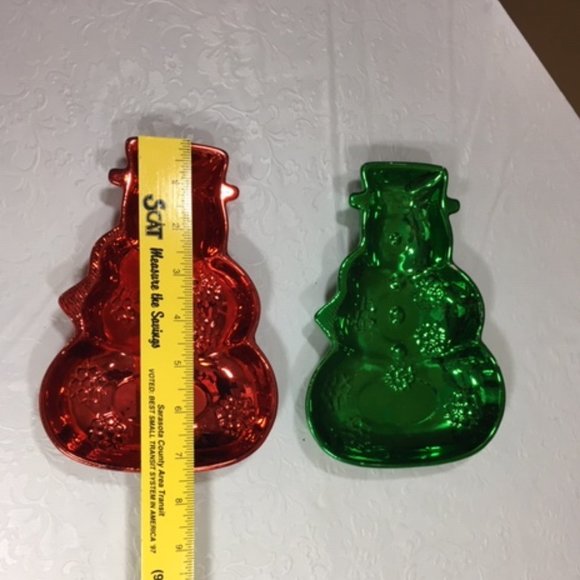 VTG Red & Green Decorative Snowman Holiday Candy Treat Plates Dishes Set of Two - Picture 7 of 16